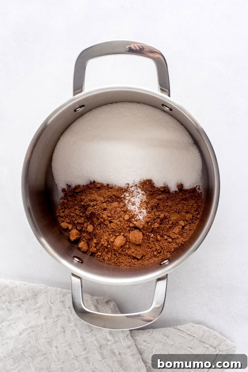 A stainless steel pot contains sugar, cocoa powder, and a sprinkle of salt, clearly visible before mixing. A textured cloth is partially visible next to the pot.