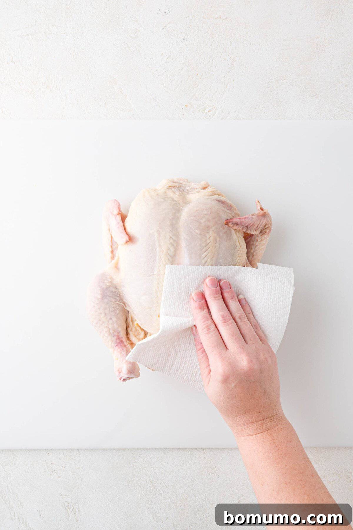 A person uses a paper towel to pat dry a raw whole chicken on a light-colored surface.