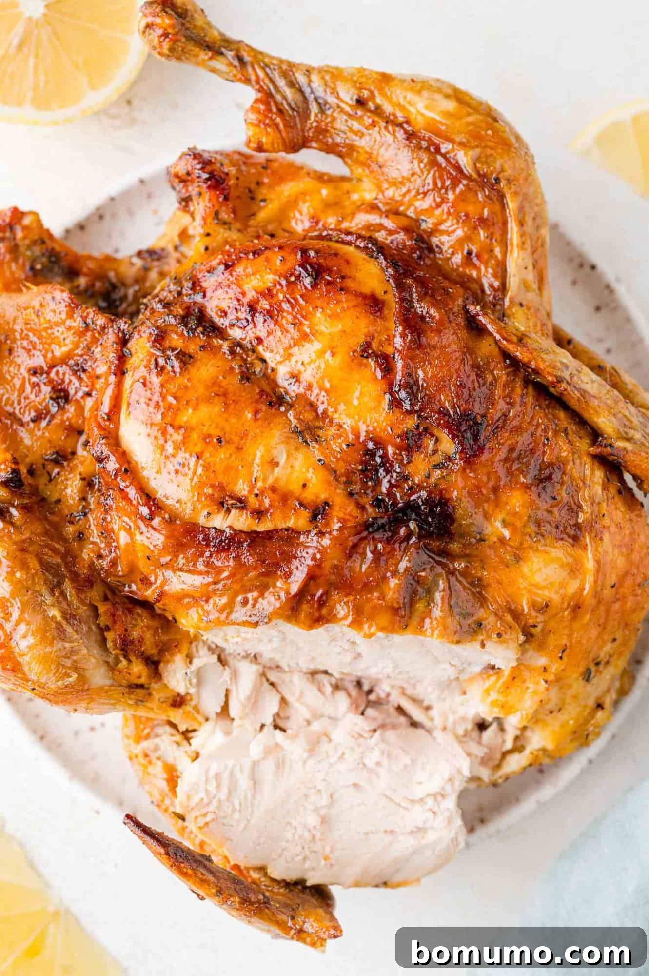 Roasted chicken with golden-brown skin on a white textured plate. Some lemon wedges are visible around the plate.
