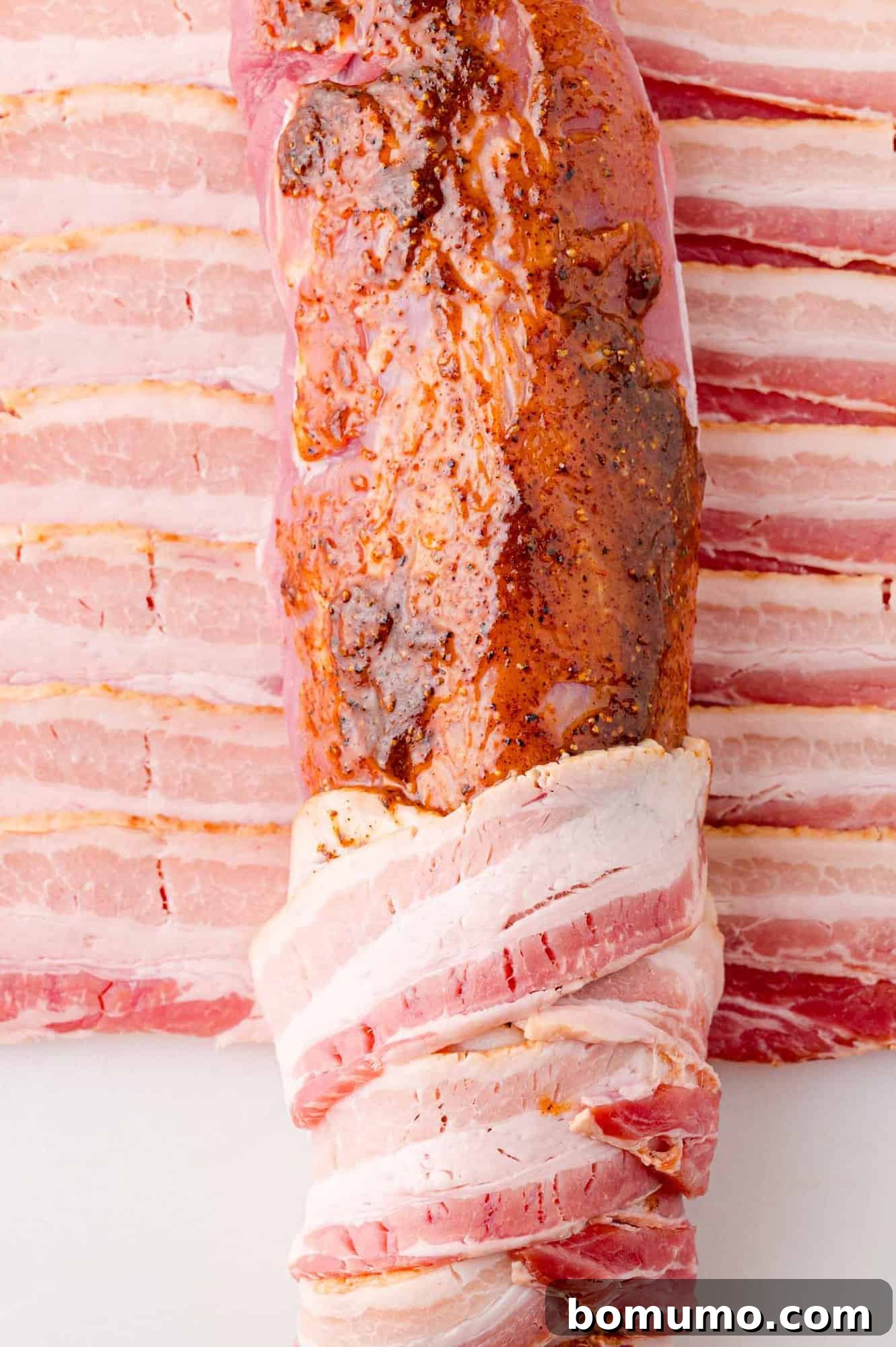 Raw pork tenderloin wrapped in bacon slices, placed on a bed of additional bacon strips.