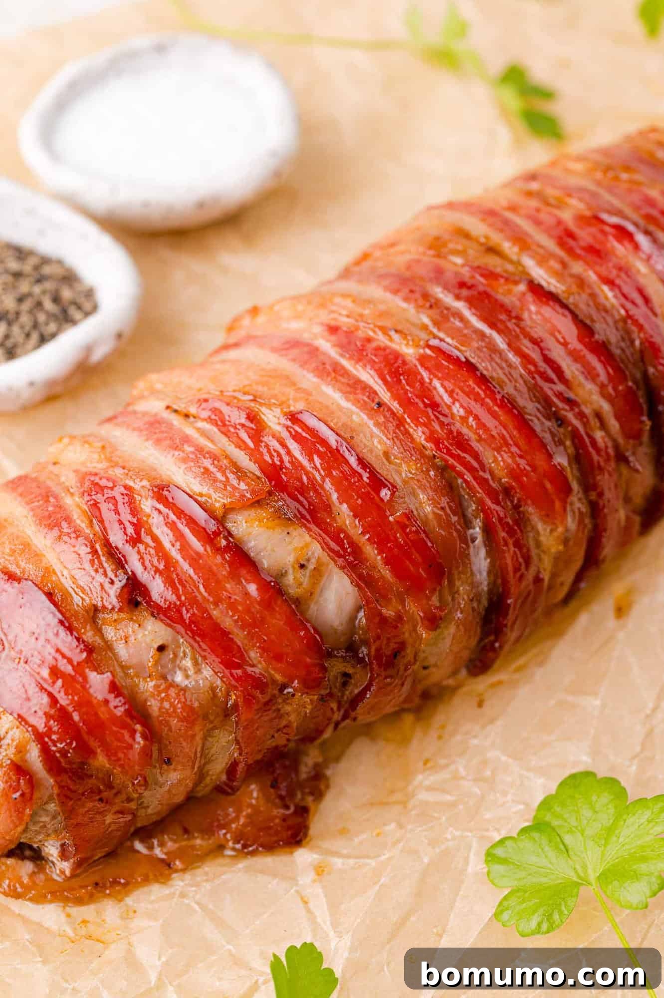 Bacon-wrapped pork tenderloin on parchment paper with small bowls of salt and pepper in the background.