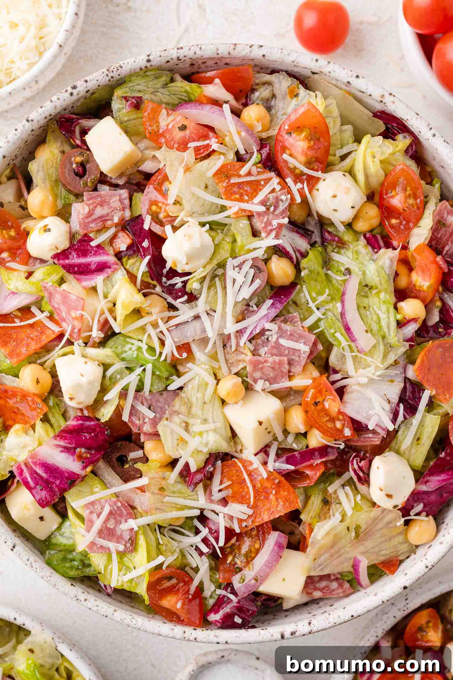 Chopped Salad Perfection 2 A bowl of chopped salad with lettuce, sliced salami, mozzarella cubes, cherry tomatoes, chickpeas, shredded cheese, and red onions.
