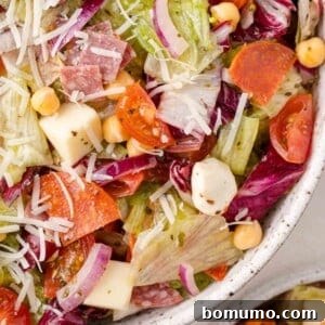 Close-up of a colorful salad featuring lettuce, cherry tomatoes, red onion, chickpeas, cheese cubes, sliced pepperoni, and shredded cheese in a speckled bowl.