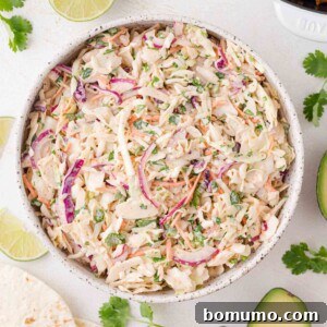A vibrant bowl of creamy taco slaw featuring shredded cabbage, carrots, finely diced red onions, and fresh cilantro, garnished with lime wedges and surrounded by ingredients like avocado, jalapeño, ground meat, and tortillas on a clean white surface. This slaw adds irresistible crunch, creaminess, and a zippy flavor to your favorite Mexican-inspired dishes.