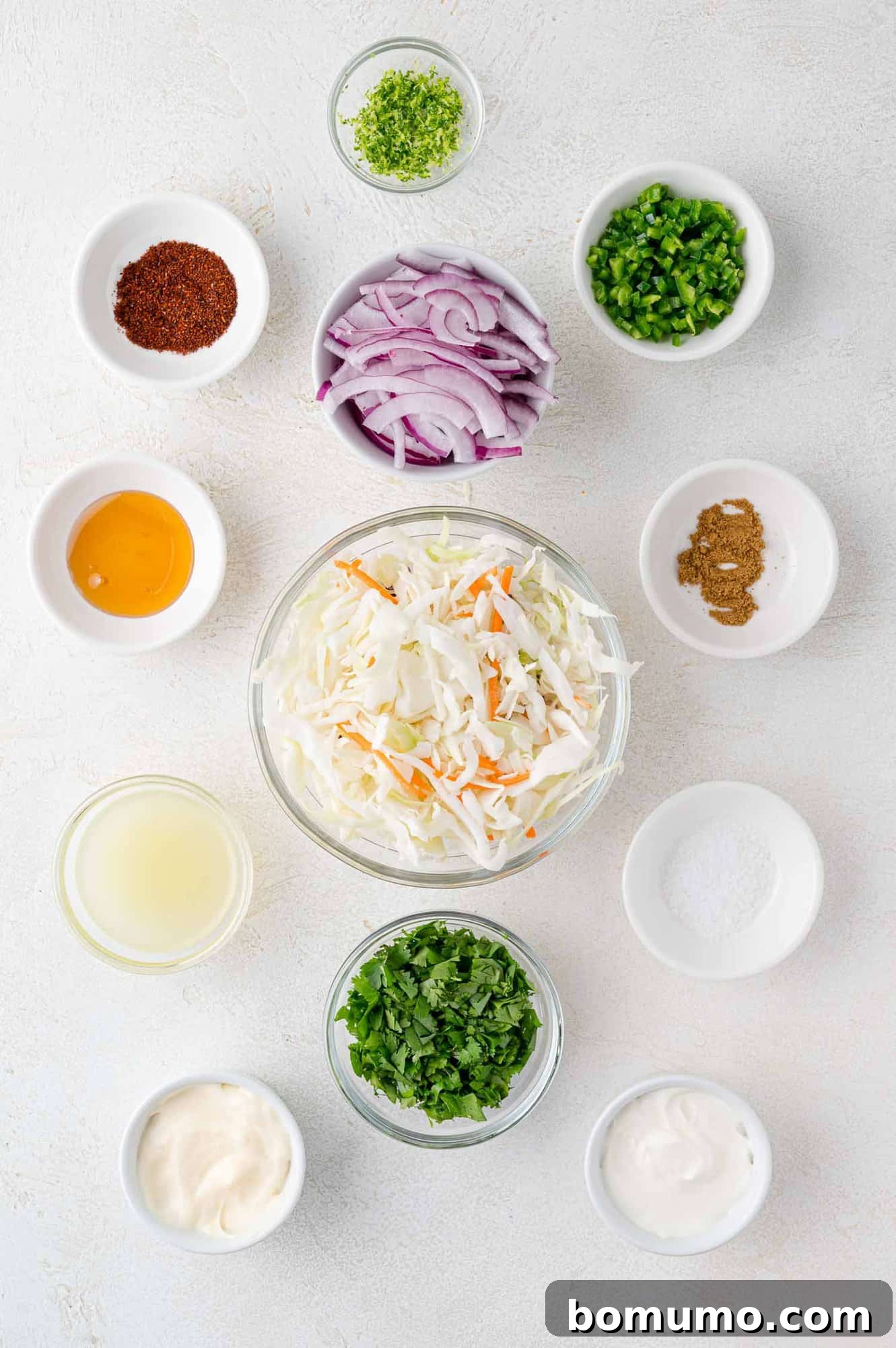 A collection of fresh ingredients for taco slaw meticulously arranged in small glass bowls on a white countertop. Ingredients include shredded cabbage, julienned carrots, sliced red onion, fresh cilantro, jalapeño pepper, creamy mayonnaise and sour cream, a halved lime, honey, and various spices.