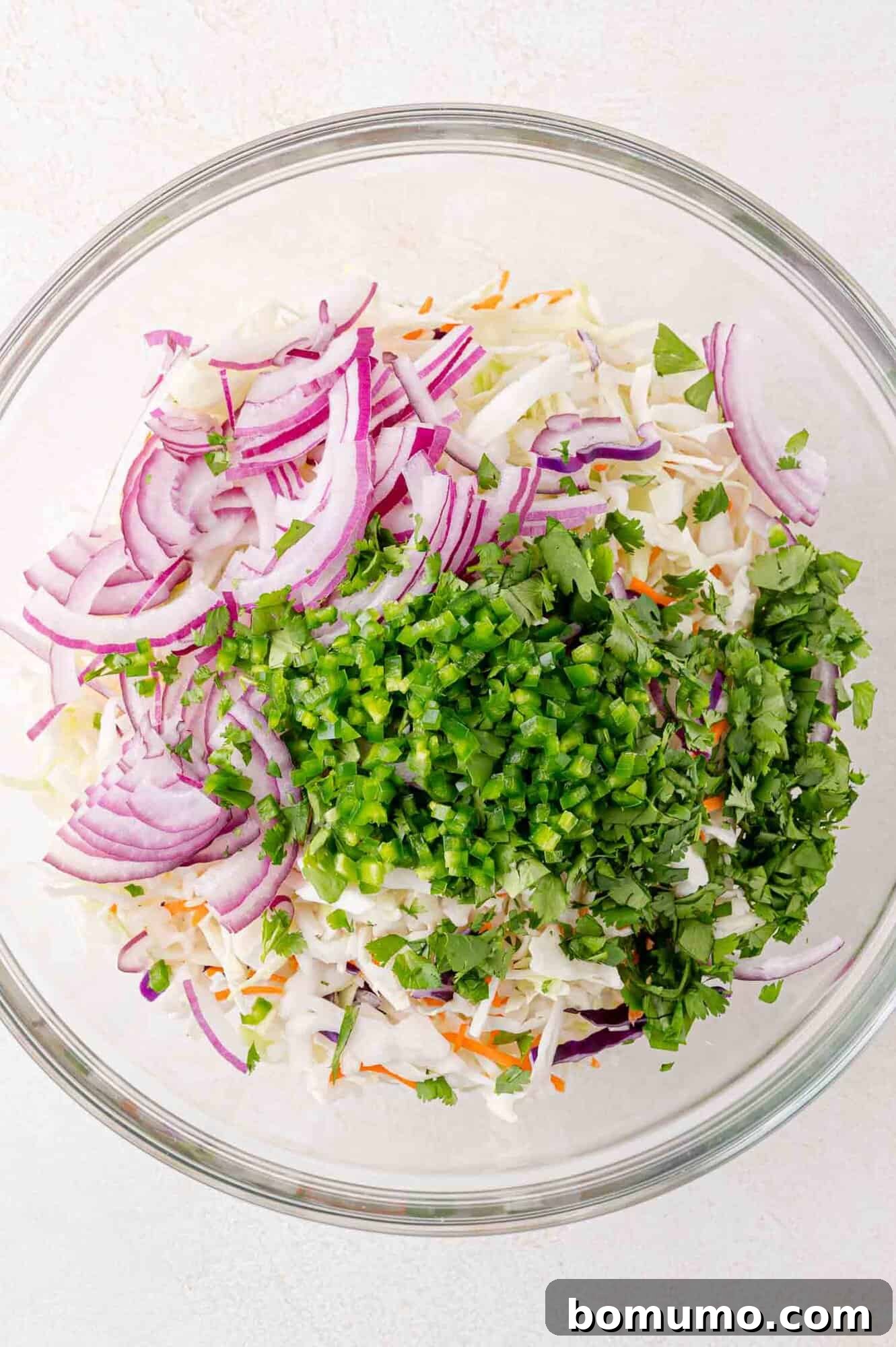 A clear glass bowl filled with a colorful medley of sliced red onions, vibrant chopped green herbs, diced jalapeños, and a base of shredded cabbage and carrots, ready for mixing on a light surface. This image captures the initial fresh ingredients for the slaw.
