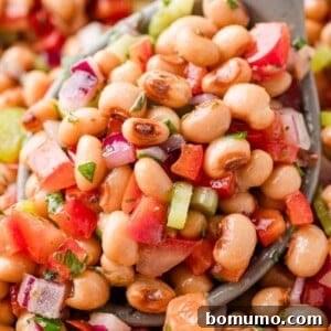 Close-up of a spoonful of black-eyed pea salad with chopped tomatoes, red onions, celery, and parsley.