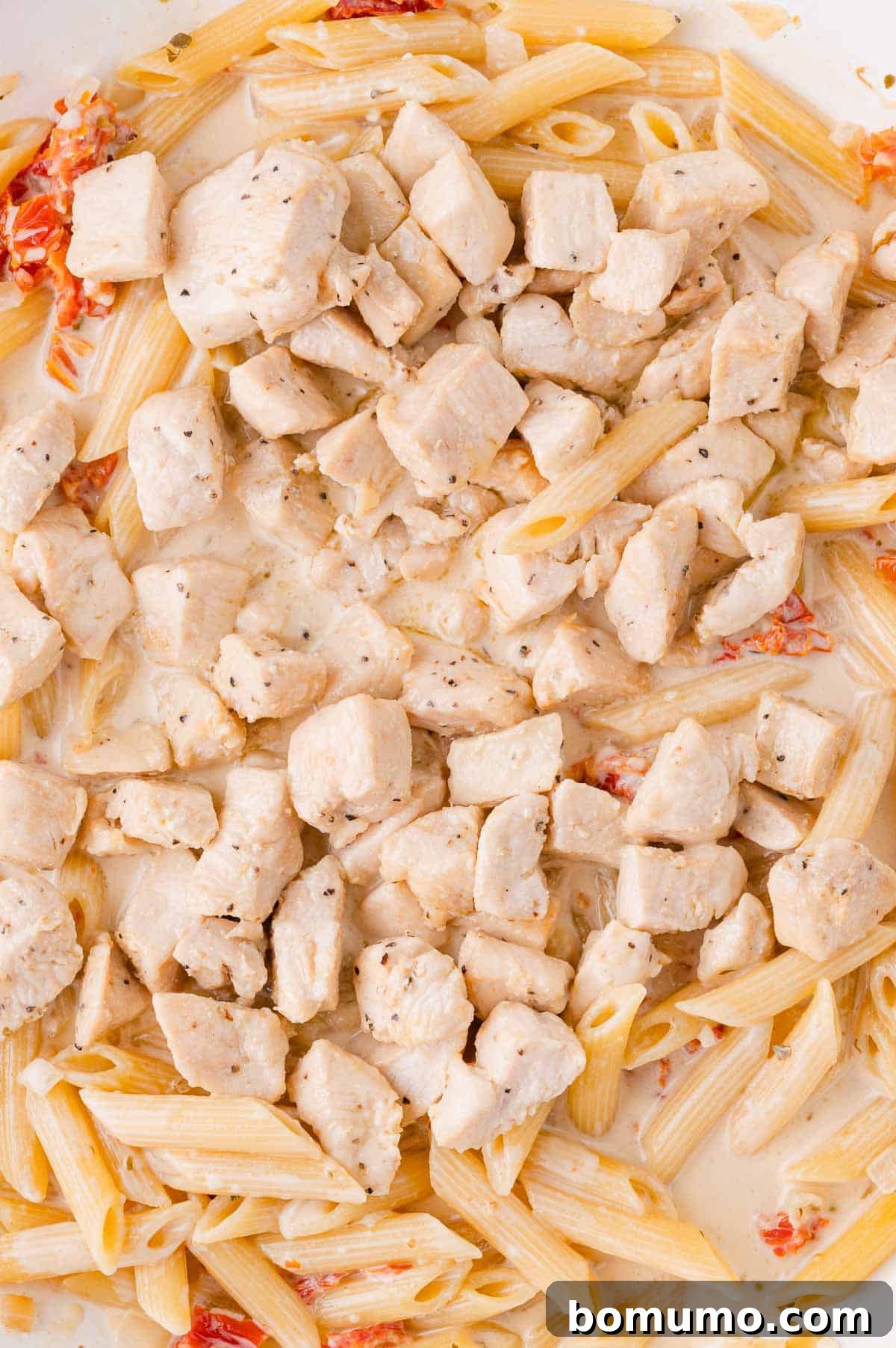 A close-up view of creamy penne pasta beautifully mixed with succulent diced chicken and vibrant sun-dried tomatoes, illustrating the rich texture of the sauce.