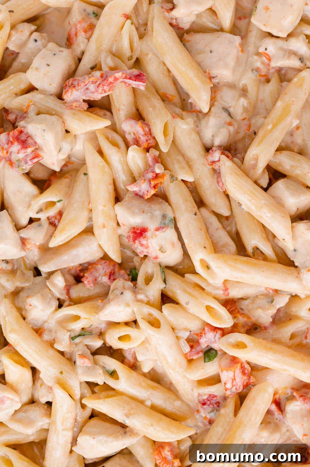 An inviting close-up of Marry Me Pasta, thoroughly mixed with flavorful diced chicken and sweet sun-dried tomatoes, showcasing the creamy coating on each pasta piece.