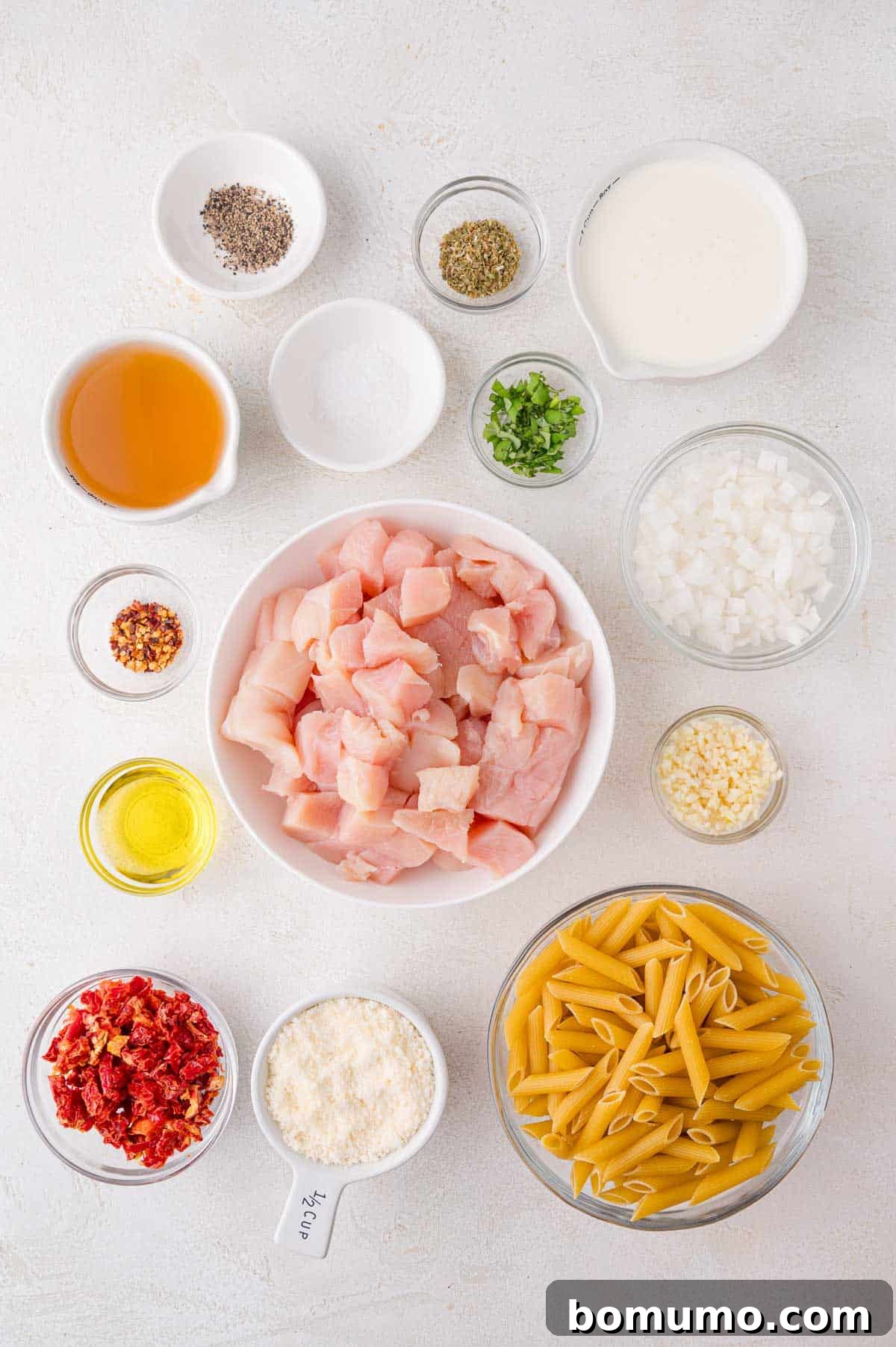 Ingredients arranged neatly on a white surface, including raw chicken pieces, penne pasta, finely chopped onions, minced garlic, olive oil, sun-dried tomatoes, grated Parmesan, heavy cream, various spices, and fresh herbs in individual bowls.