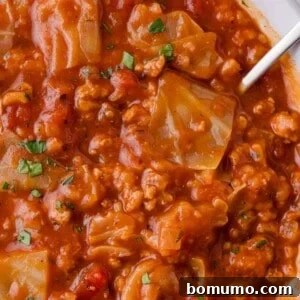 A close-up of a hearty Cabbage Roll Soup with chunks of meat, tomatoes, tender cabbage, and fresh herbs. A spoon is partially visible, ready for serving.