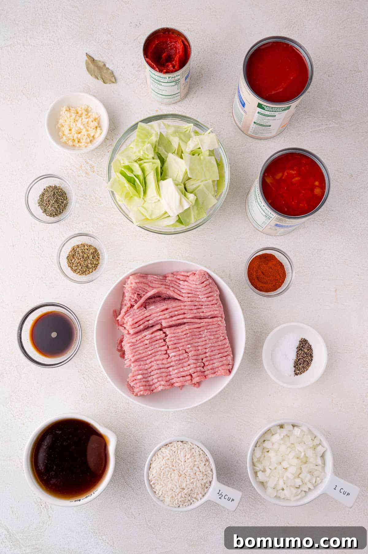 Deconstructed Cabbage Roll Soup 4 All the fresh and canned ingredients meticulously arranged for making cabbage roll soup, including ground meat, neatly chopped cabbage, canned tomatoes, rice, diced onions, minced garlic, and various seasonings, presented on a light, inviting surface.