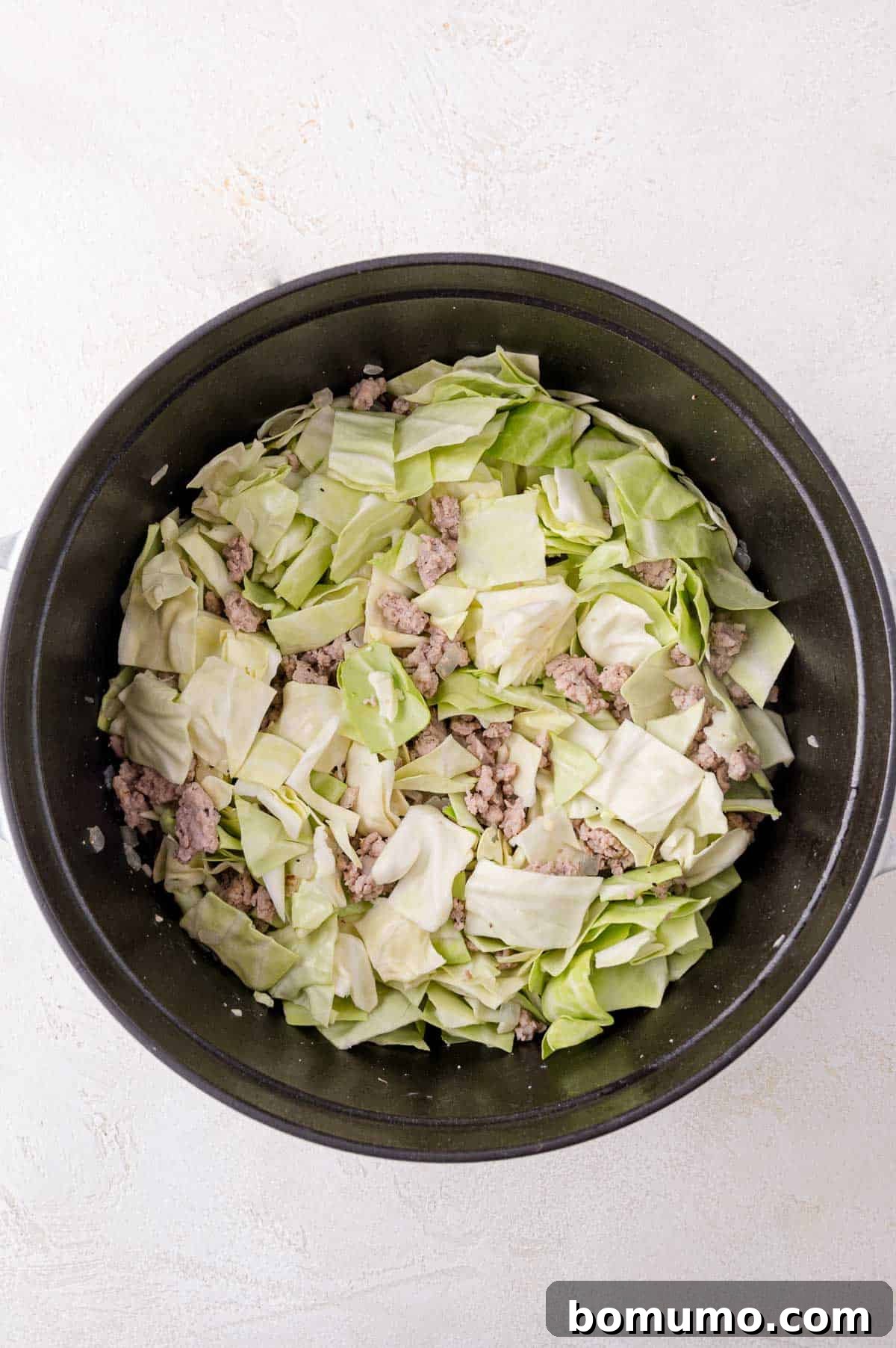 Deconstructed Cabbage Roll Soup 8 A spacious pot filled with a vibrant mixture of chopped green cabbage and savory cooked ground meat, creating a compelling visual contrast on a light background. This combination forms the hearty base of our soup.