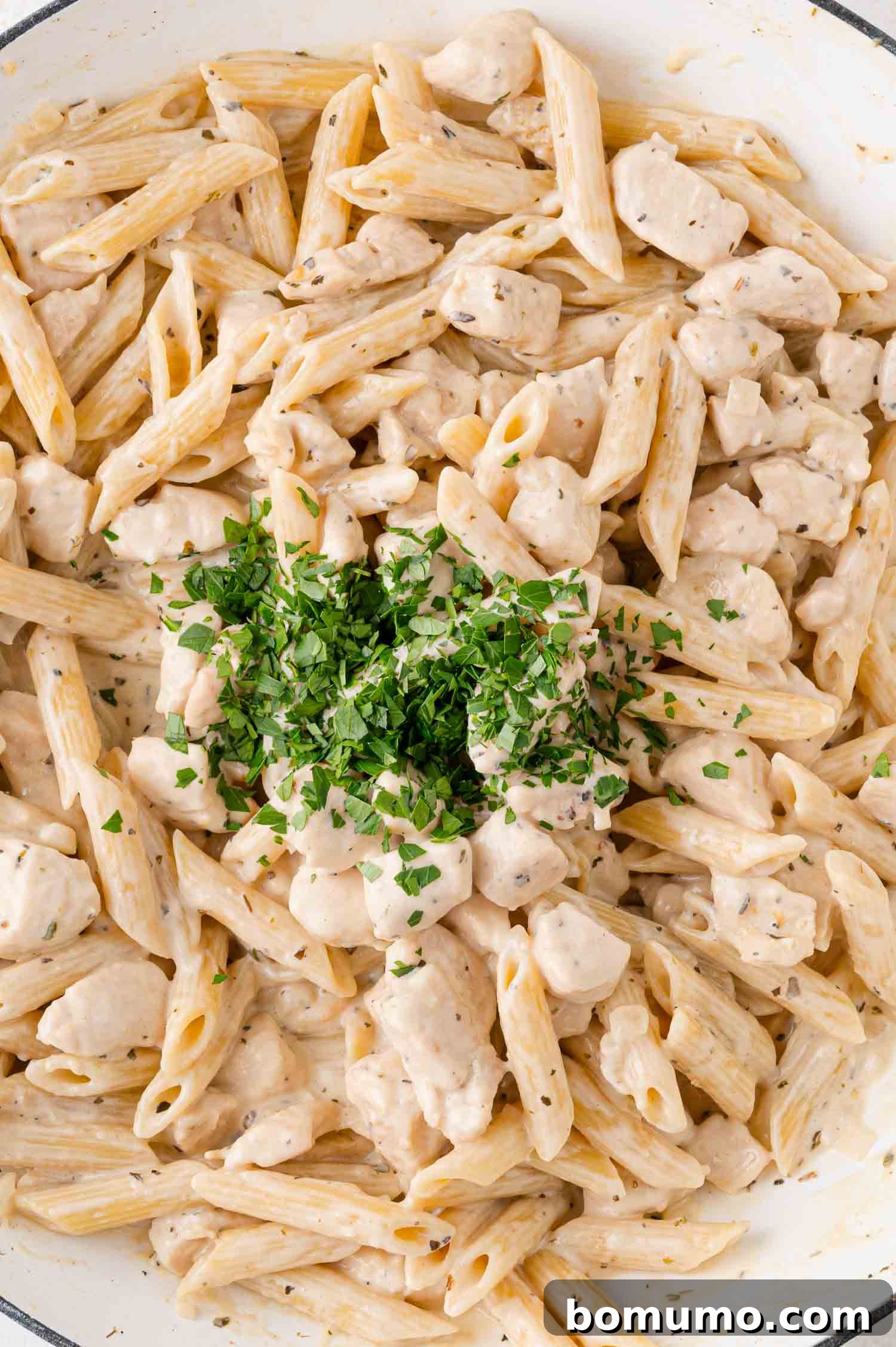 Creamy Chicken Skillet Pasta 14 A close-up shot revealing the exquisite texture of creamy chicken pasta, generously garnished with finely chopped fresh parsley for a burst of color and enhanced flavor.