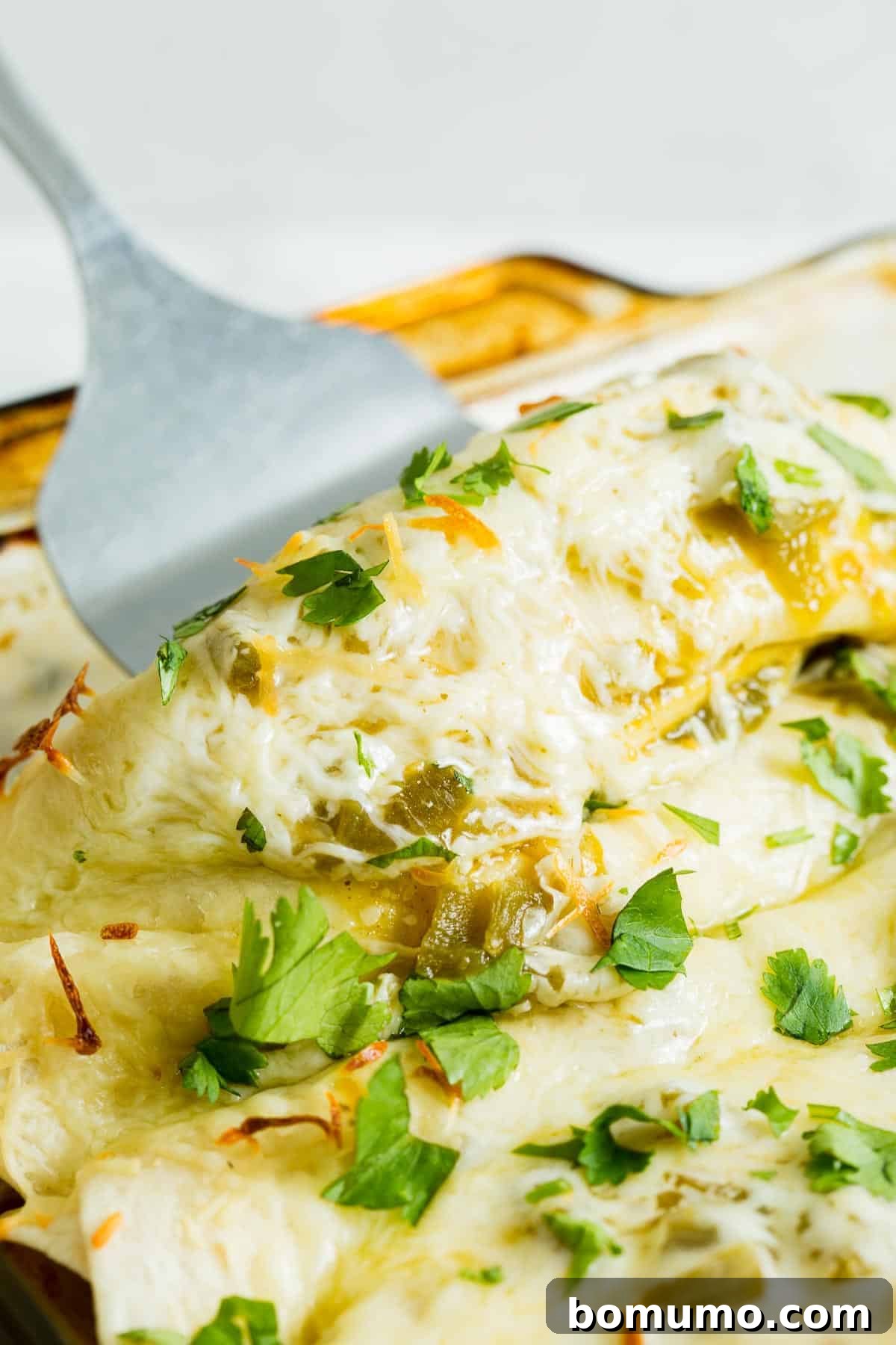 Chicken enchiladas being scooped out