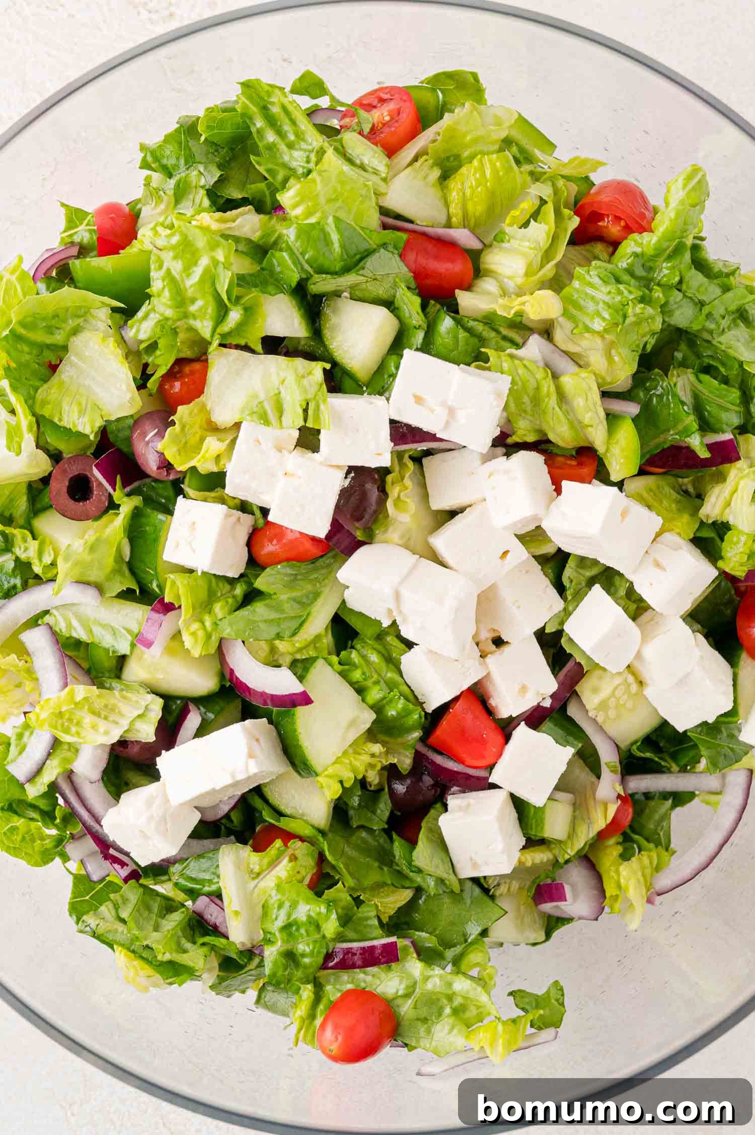 A fresh Greek salad with crisp lettuce, cherry tomatoes, cucumber, feta cheese cubes, black olives, and red onion slices, artfully arranged in a clear mixing bowl, ready to be dressed.