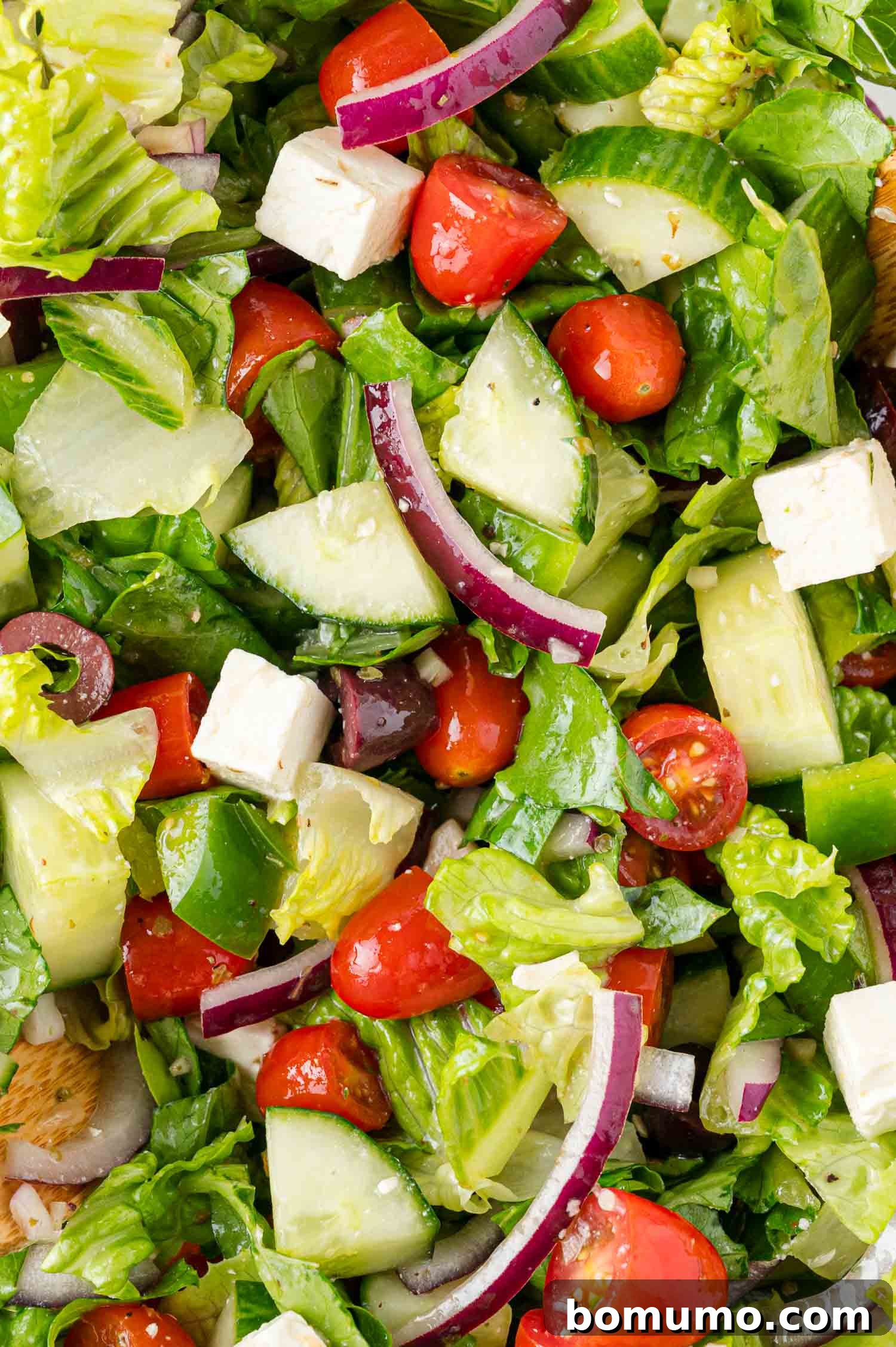 A close-up shot of a perfectly mixed Greek salad, showing the harmonious blend of fresh ingredients including lettuce, cherry tomatoes, cucumber slices, red onion, feta cheese cubes, and briny olives, glistening with dressing.