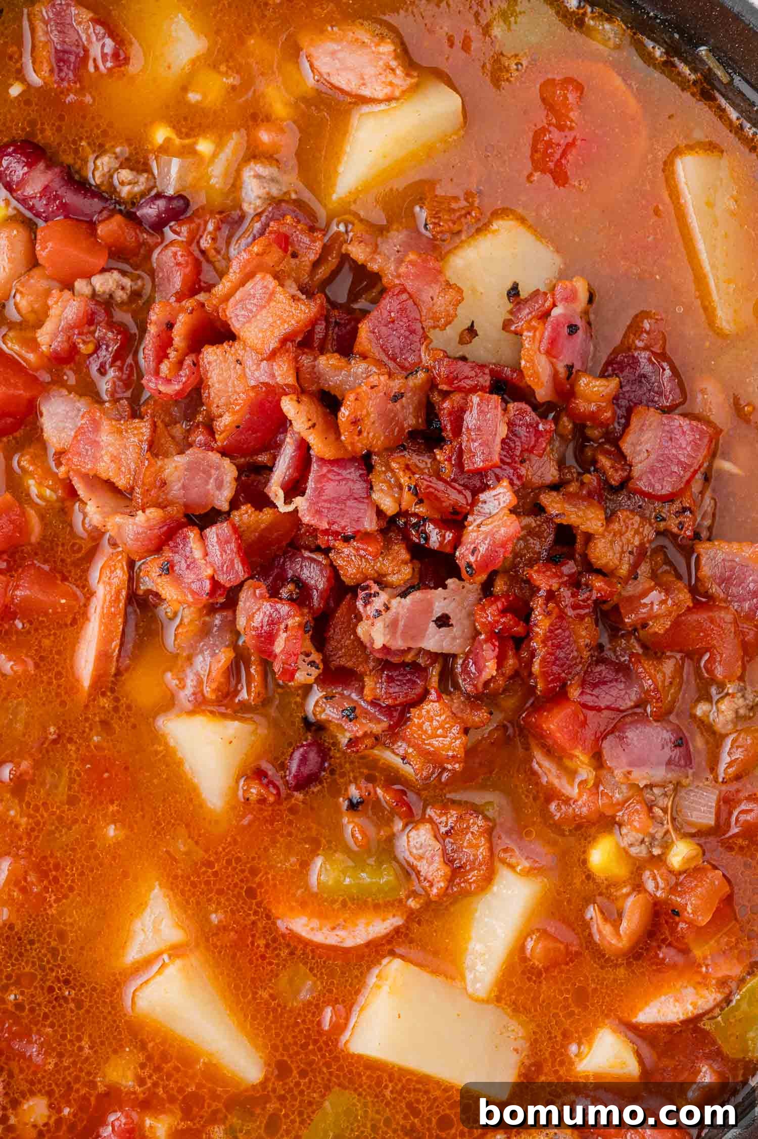 Close-up of a hearty stew, rich with visible pieces of crispy bacon, tender potatoes, a variety of beans, juicy tomatoes, all swimming in a luscious, deep red broth.