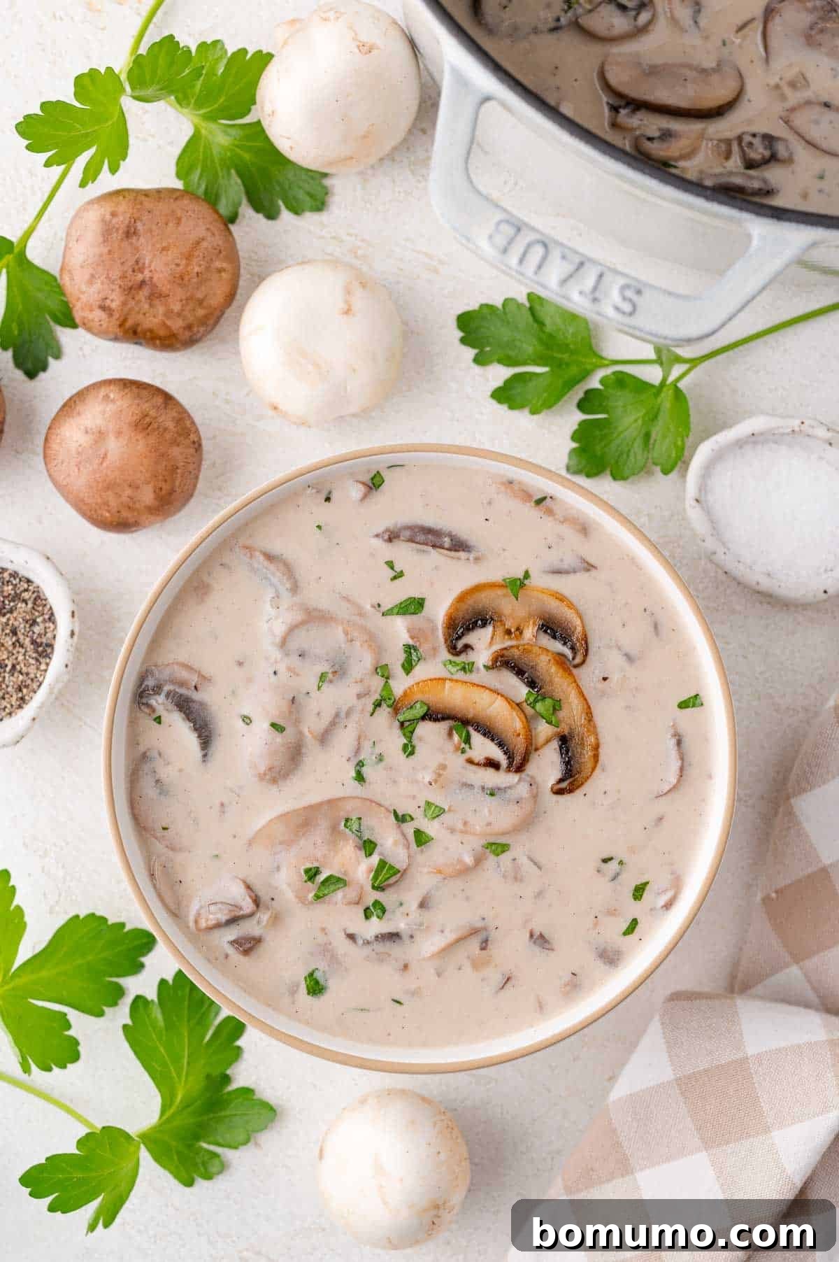 A beautifully garnished bowl of rich, creamy mushroom soup, surrounded by fresh mushrooms, parsley, and seasonings.