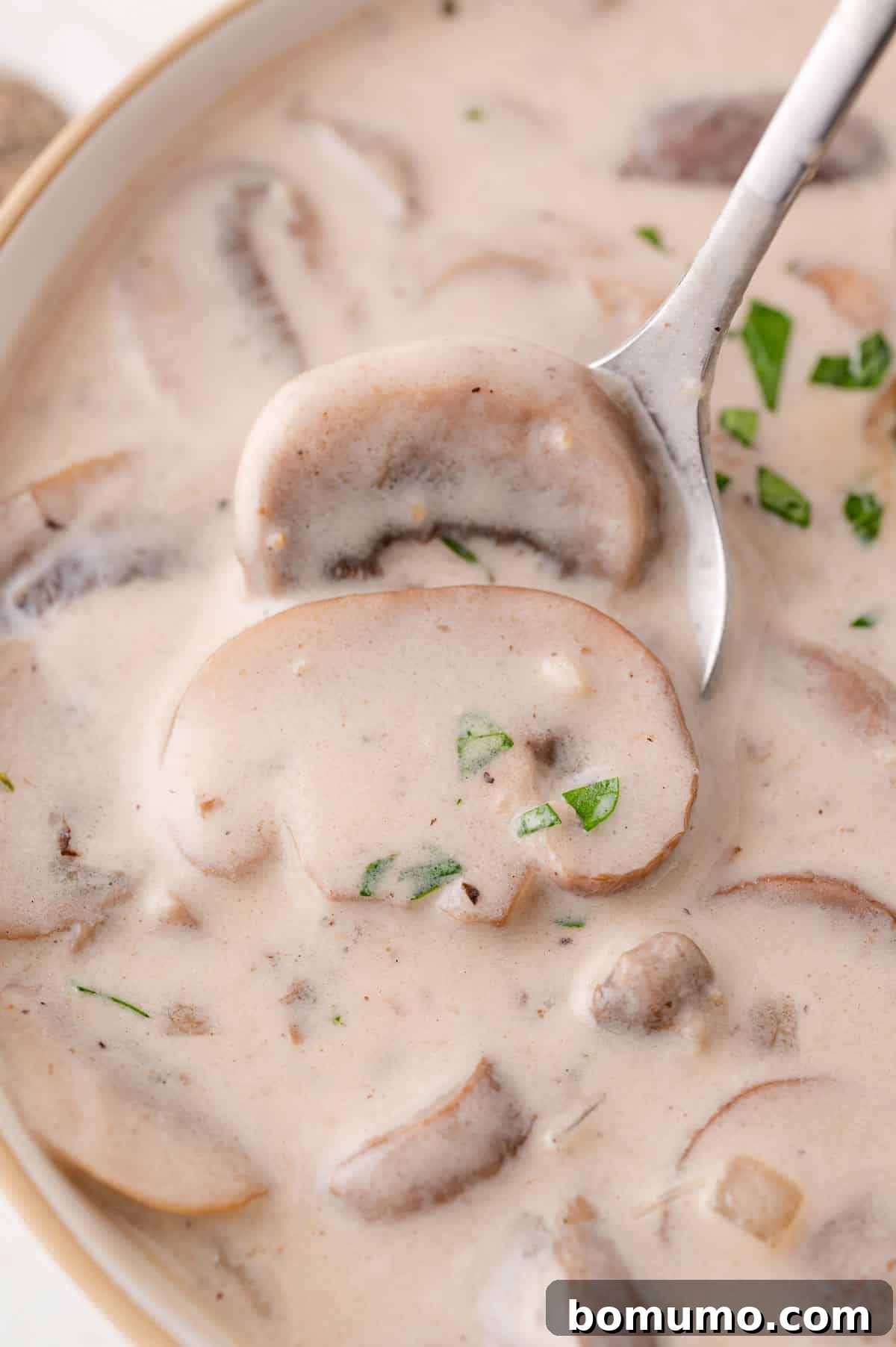 Close-up of creamy mushroom soup with sliced mushrooms and herbs, shown in a bowl with a spoon lifting a piece.