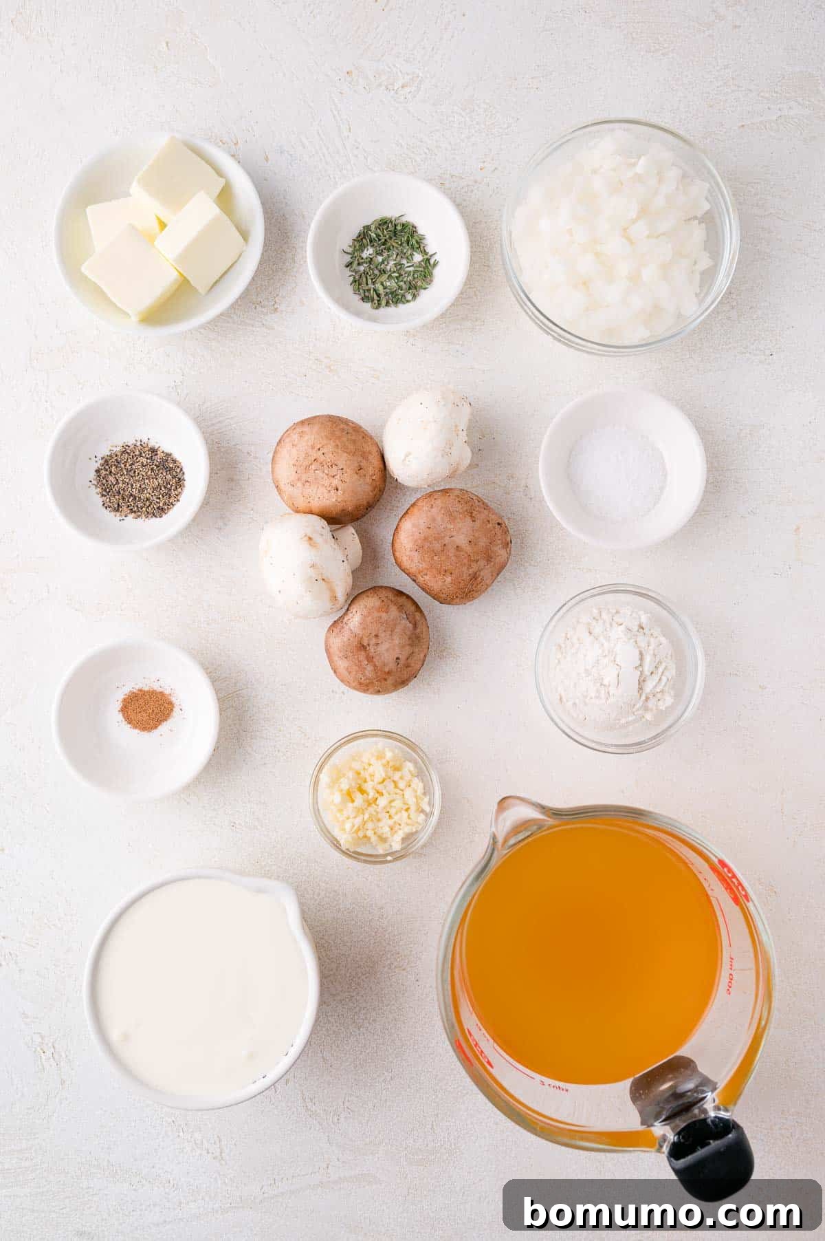 Ingredients arranged on a white surface include butter, onion, mushrooms, garlic, cream, broth, flour, black pepper, salt, a spice mix, and herbs.