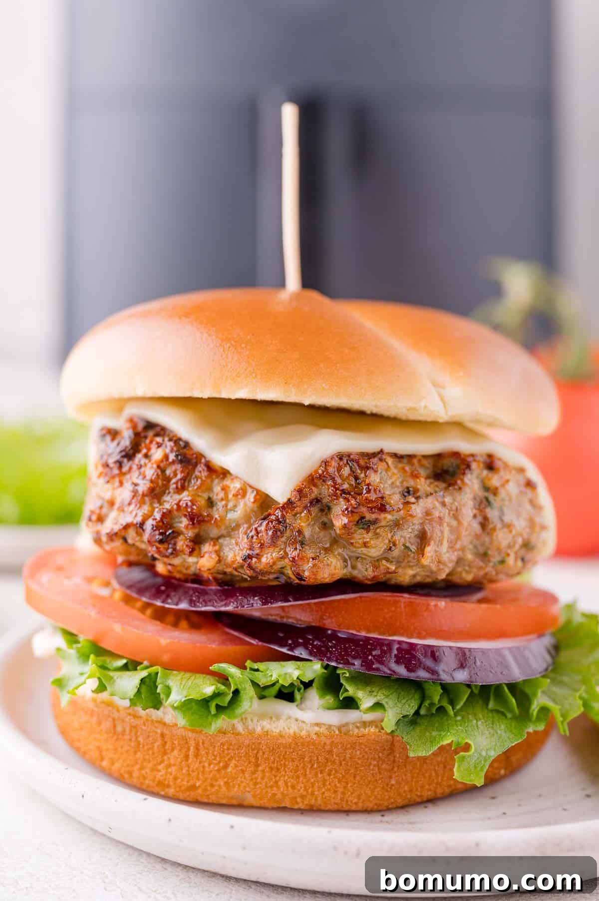 A perfectly air-fried turkey burger, nestled in a bun with fresh lettuce, a slice of ripe tomato, crisp red onion, and melted cheese, presented on a pristine white plate.