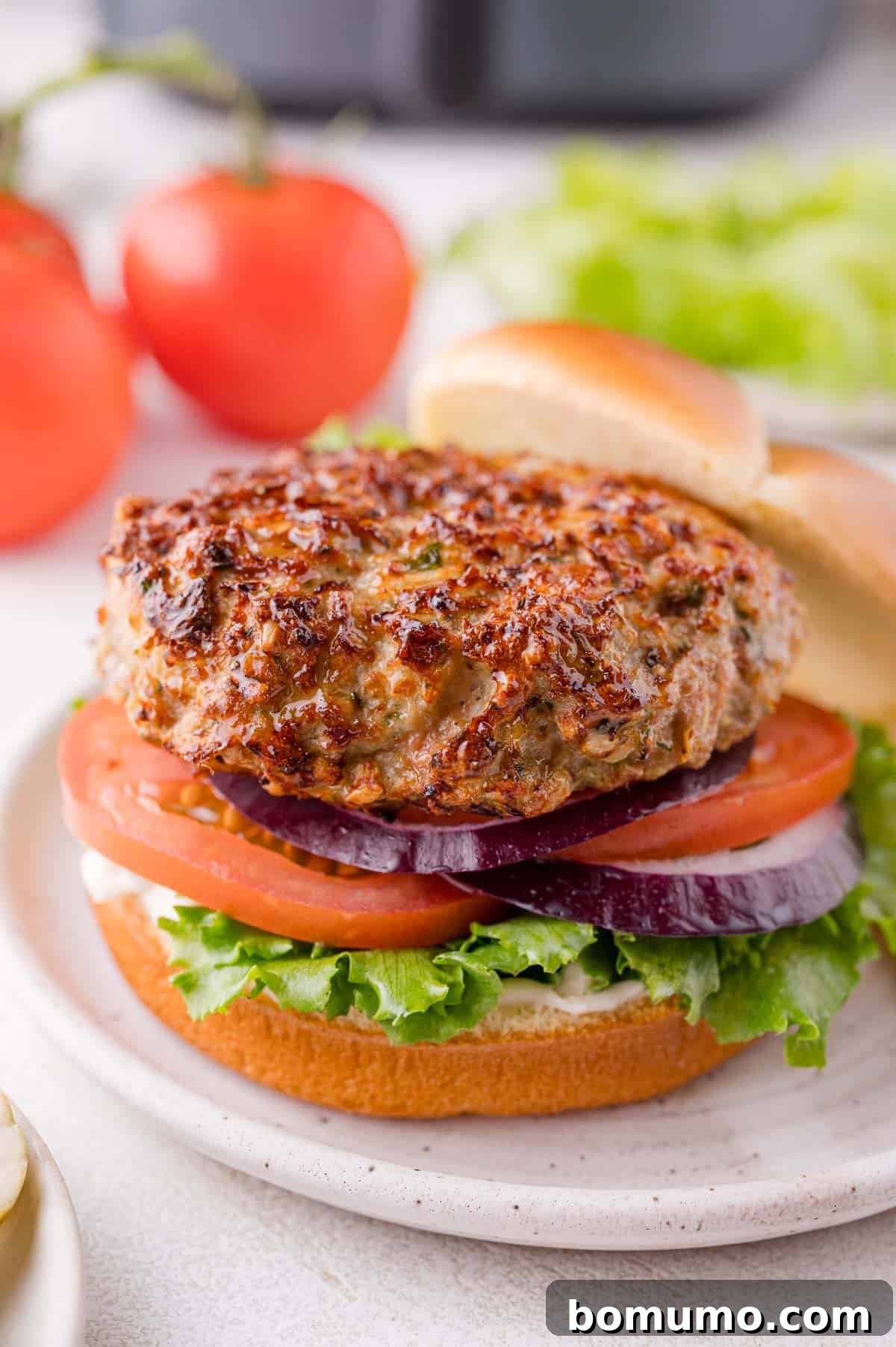 A delectable chicken burger, dressed with vibrant green lettuce, a thick slice of red tomato, and a crisp ring of red onion, presented on a plate. The background features a blurred arrangement of fresh tomatoes and lettuce, suggesting a bountiful meal.