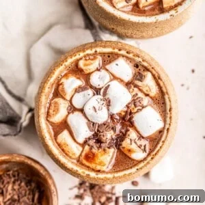 Overhead view of oat milk hot chocolate topped with marshmallows.
