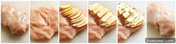 A collage of six images demonstrating the step-by-step process of butterflying and stuffing chicken breasts.