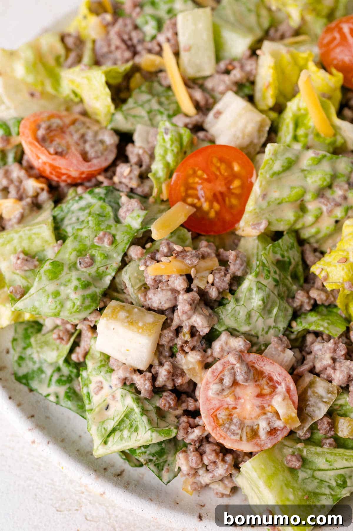 Classic Cheeseburger Salad 10 An inviting close-up of a Big Mac Salad, thoroughly mixed, highlighting the uniform coating of dressing on crisp lettuce, crumbled ground beef, diced tomatoes, and shredded cheese, ready for a satisfying bite.