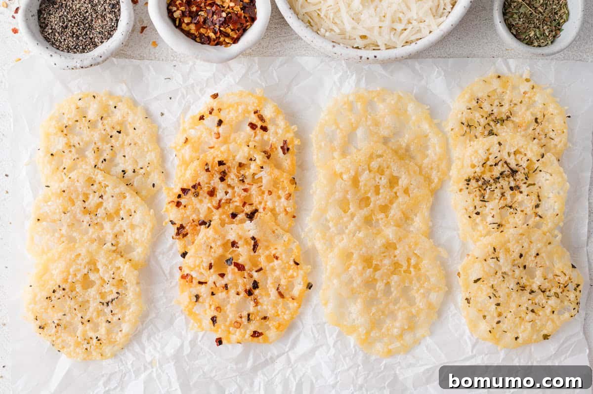 Four rows of cheese crisps on parchment paper, each topped with different seasonings; bowls of shredded cheese, black pepper, red pepper flakes, and dried herbs are displayed above, illustrating diverse flavor options.