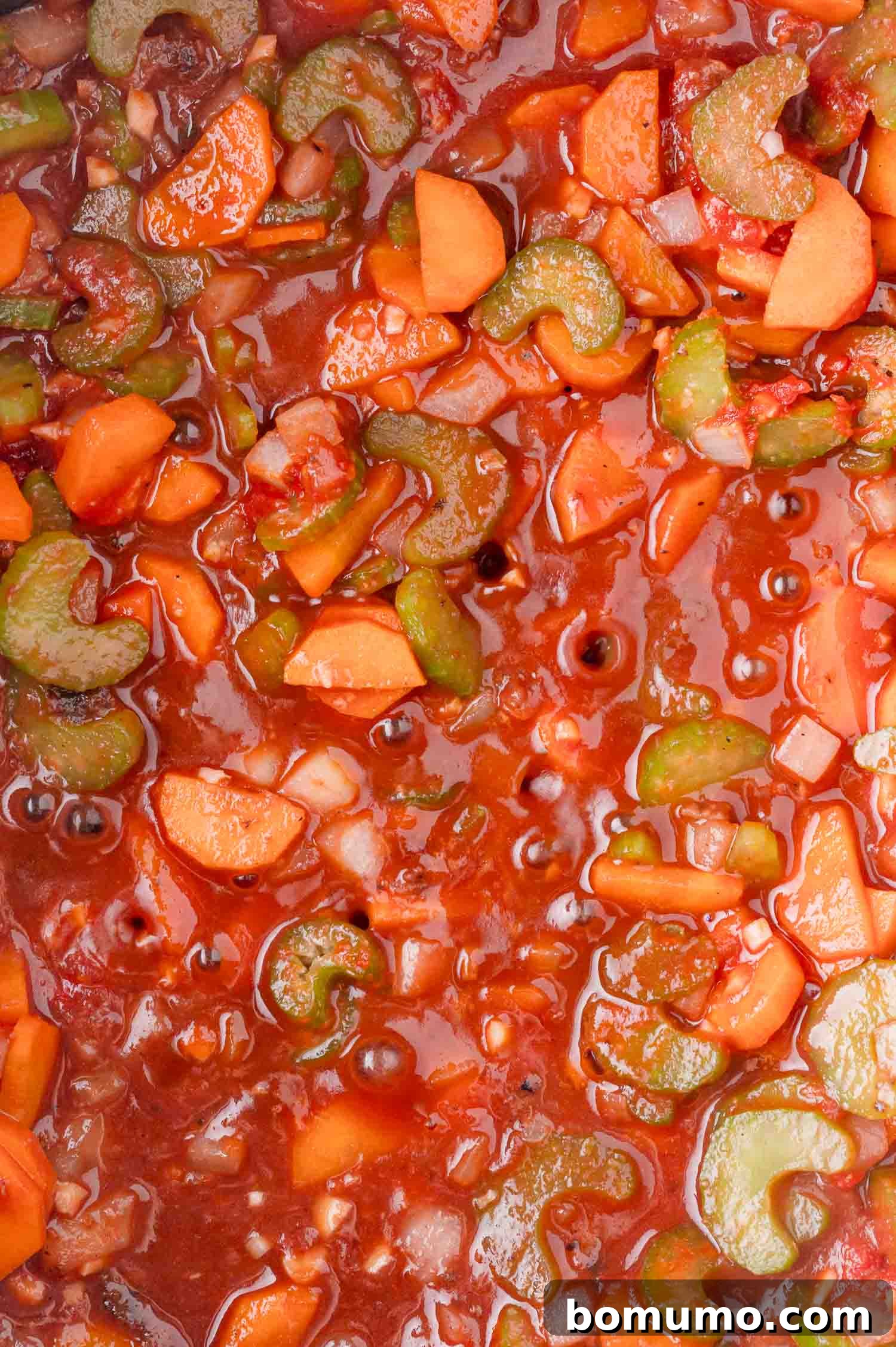 Close-up of diced carrots, celery in a rich, red tomato-based sauce, showing a variety of textures and colors.