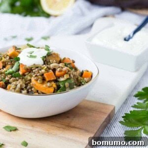 A hearty serving of One Pot Green Lentils with Sweet Potatoes and Kale, a delicious vegetarian meal packed with nutrition and vibrant flavors.