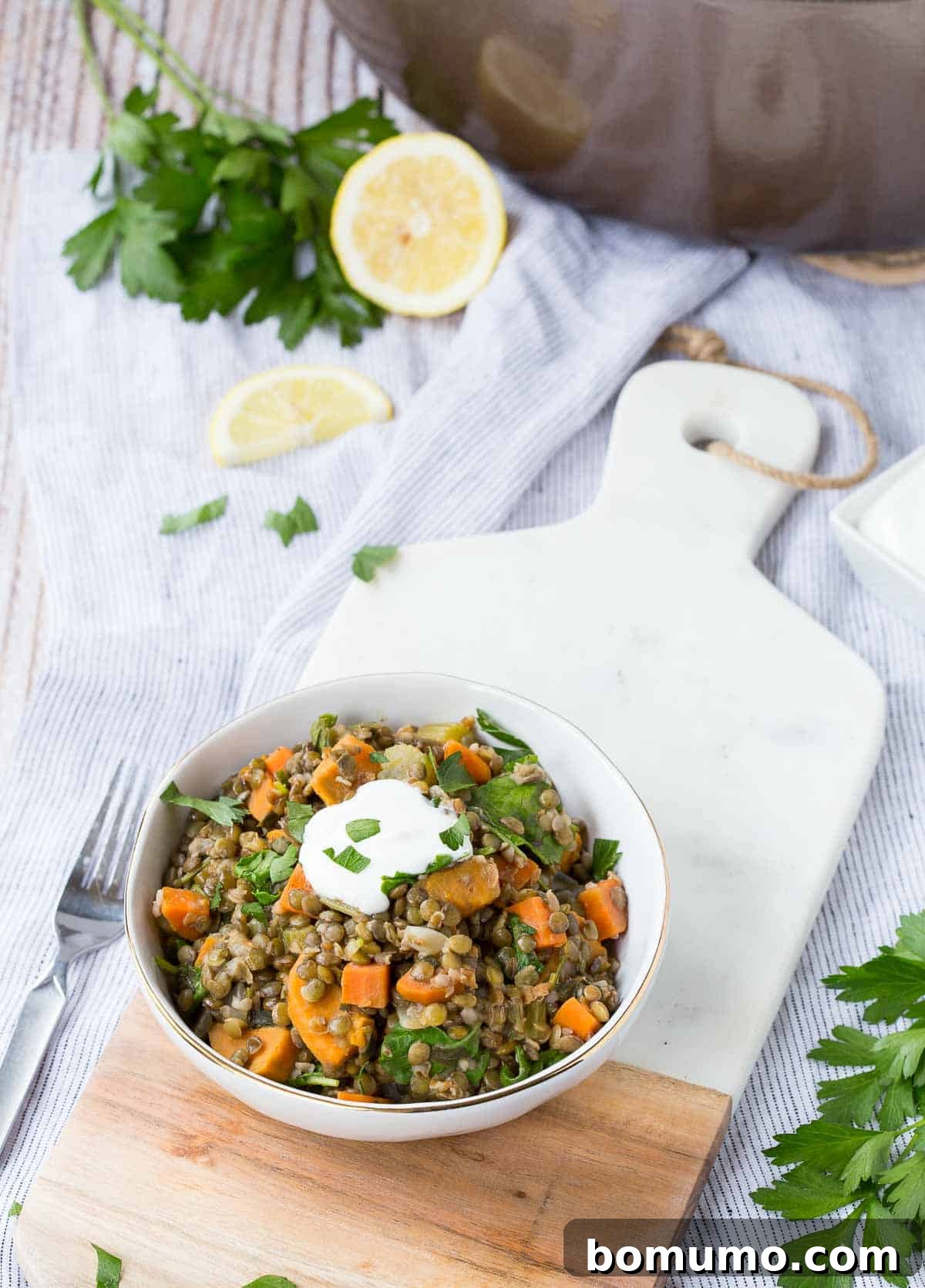 An inviting overhead shot of the green lentil stew in a serving bowl, elegantly garnished with a generous scattering of fresh cilantro and a dollop of creamy Greek yogurt, highlighting its vibrant freshness.