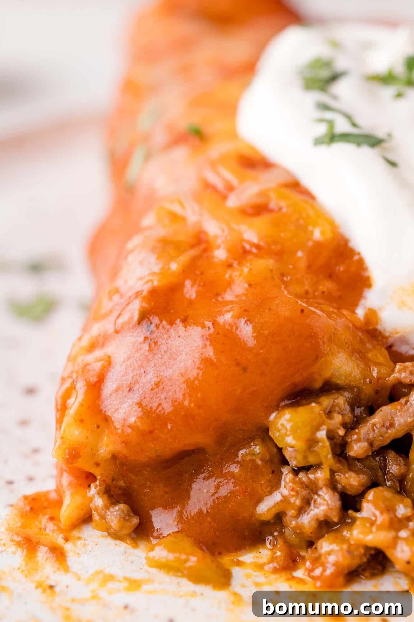 Close-up of a single enchilada, beautifully topped with melted cheese, a dollop of sour cream, and fresh herbs. The filling of ground beef is visible.