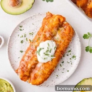 A plate with a cheese-covered enchilada topped with sour cream and herbs. Halved avocado, cilantro, salt, and another dish are nearby.