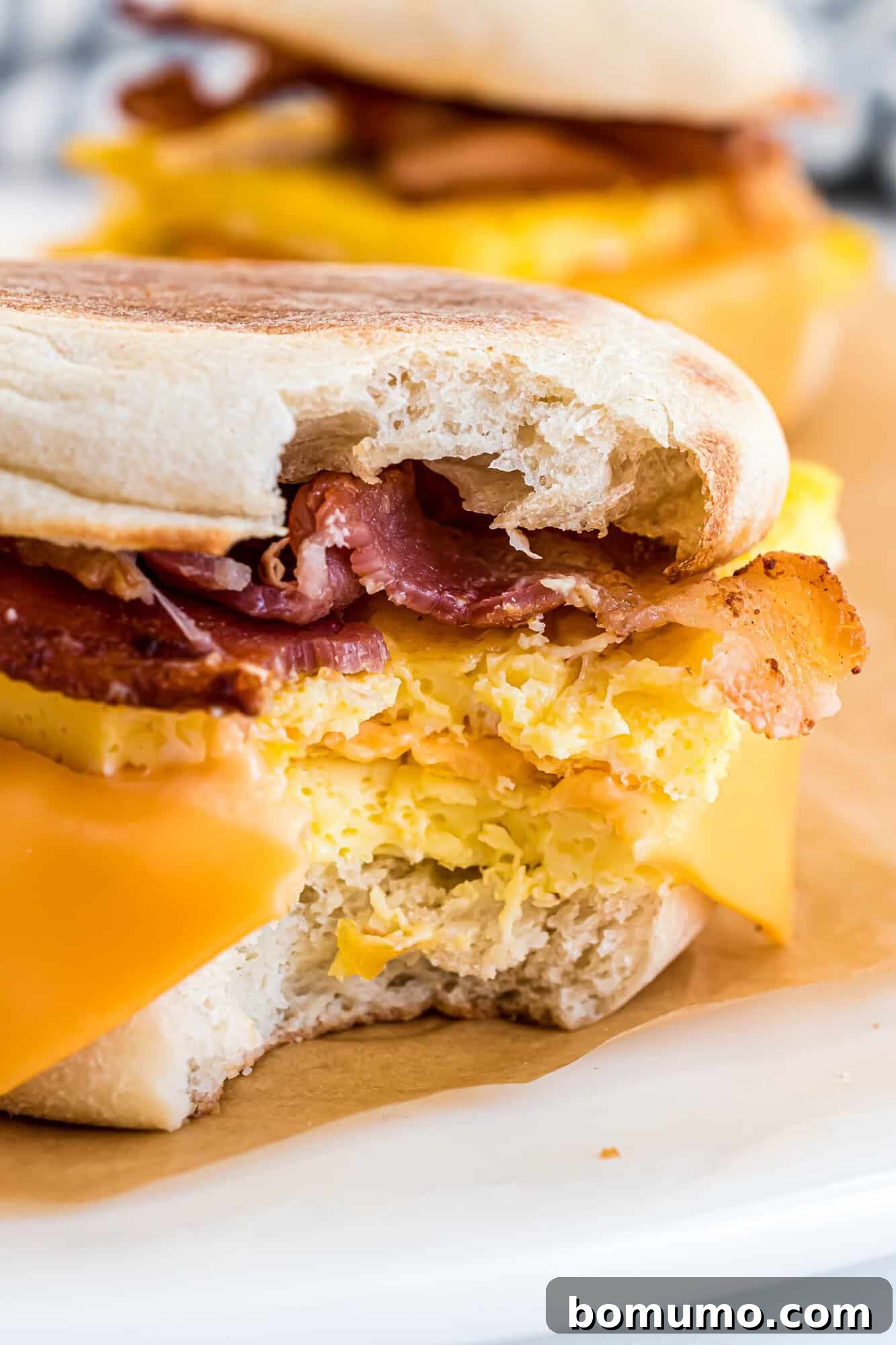 Breakfast Sandwich Bliss 3 Breakfast sandwich with bacon, scrambled eggs, and melted cheese on an English muffin. A bite is taken out of one sandwich.
