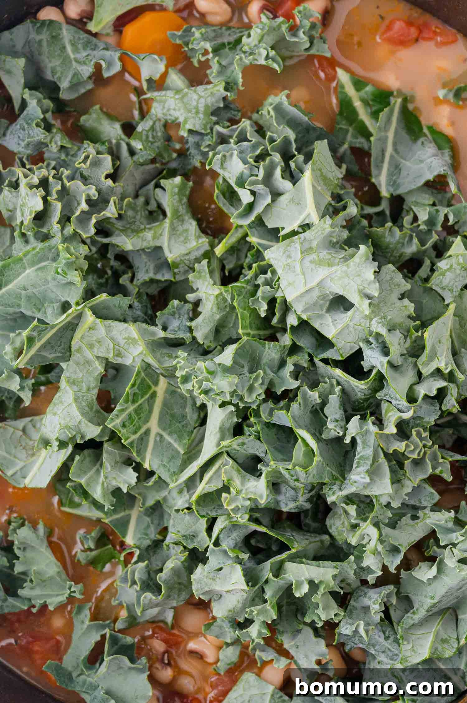 Chopped fresh kale leaves on top of a mixture of vegetables and beans in a cooking pot.