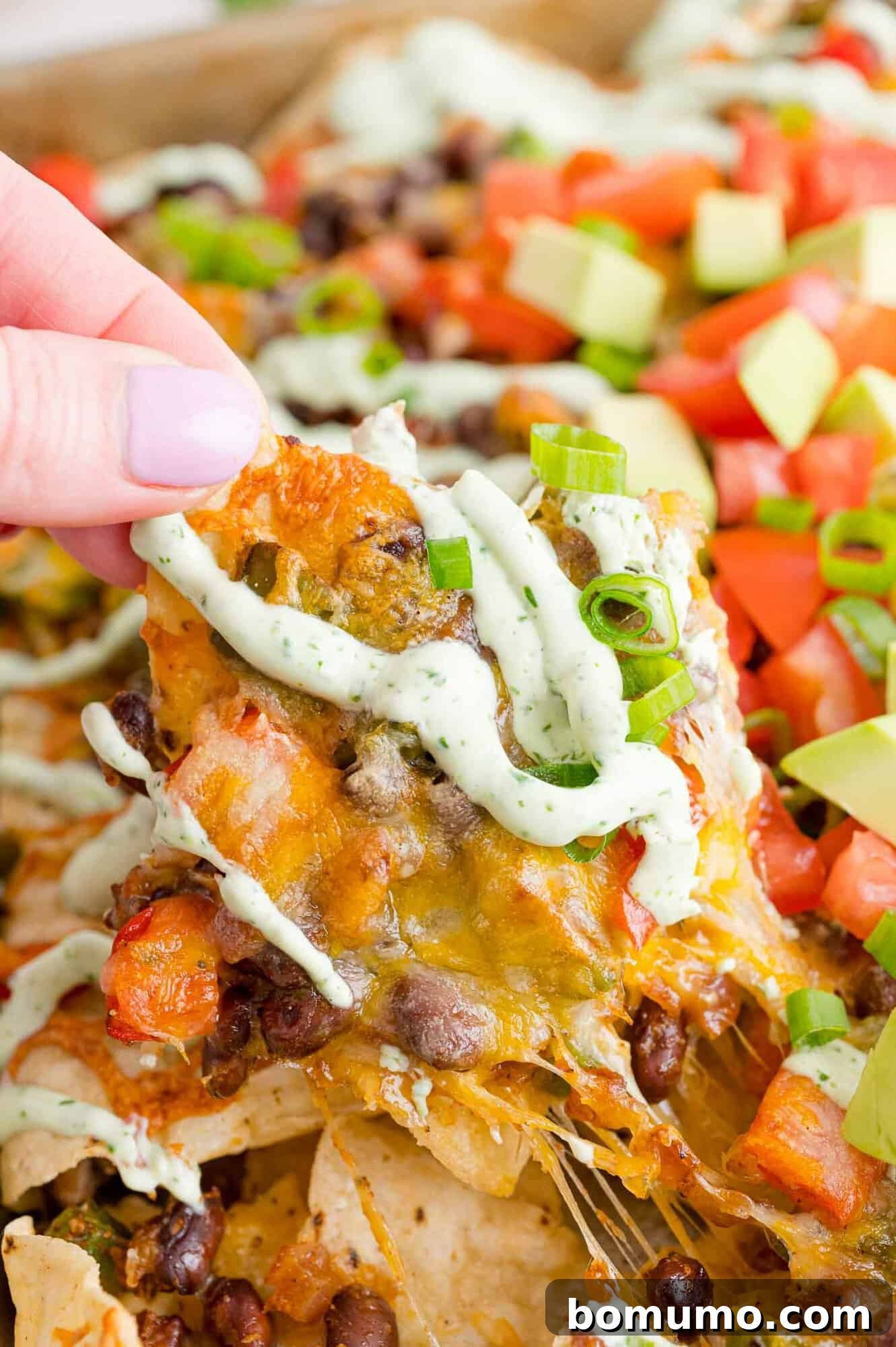 Vegetarian nachos with a drizzle, one being held in a hand.