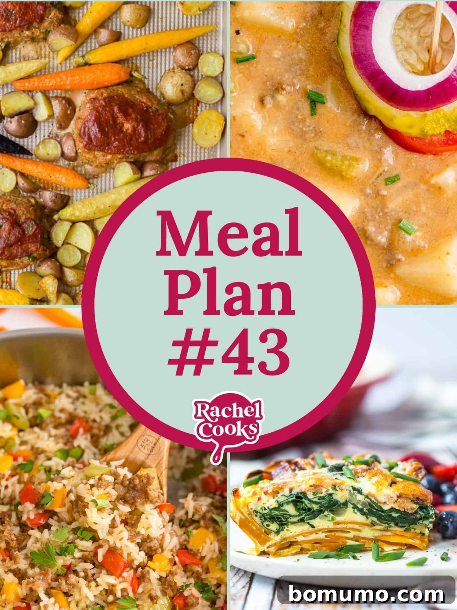 Meal Plan 43 preview image with text and photos of recipes, including a quiche.