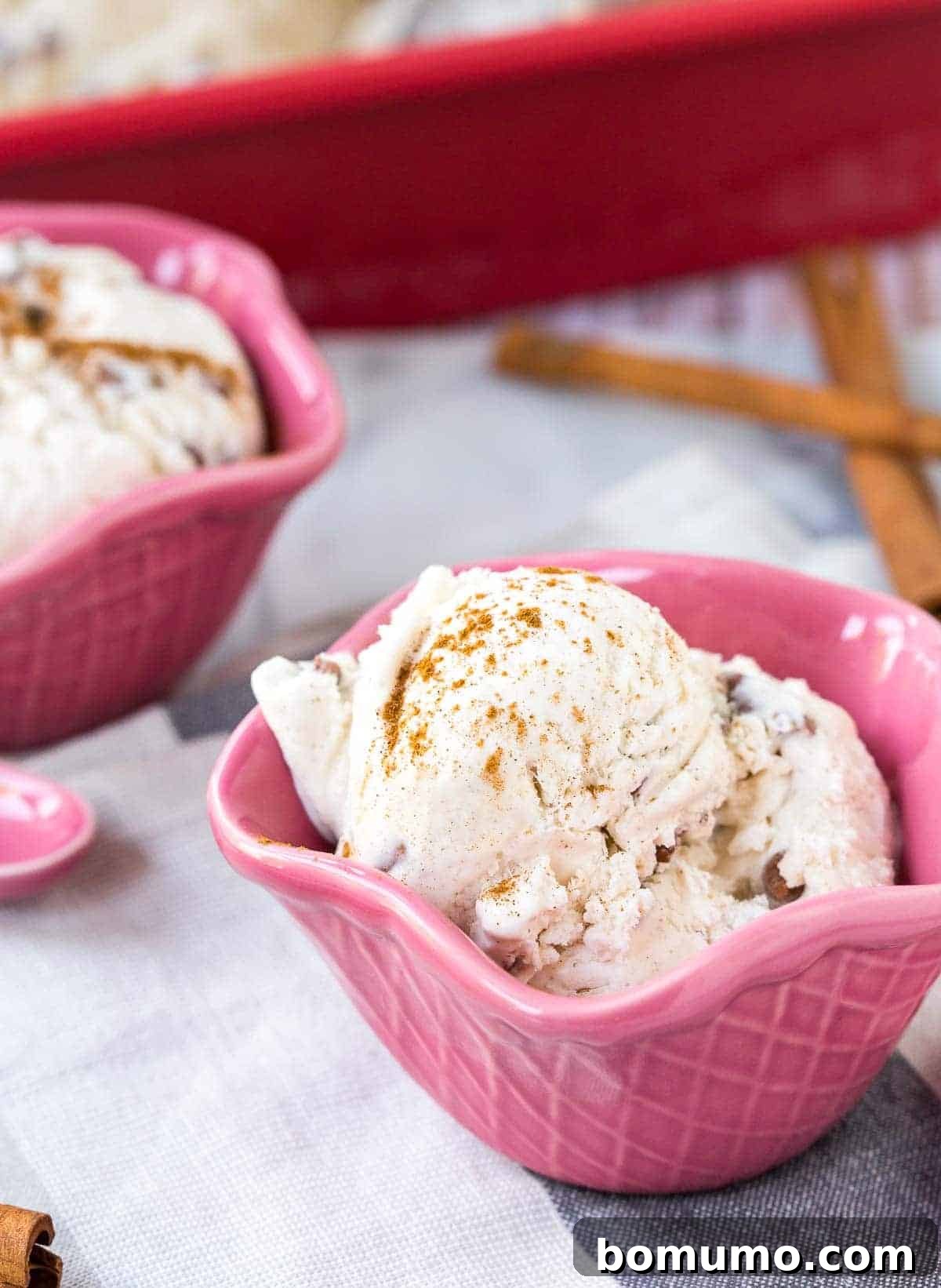 Delicious cinnamon ice cream in decorative pink bowls, with cinnamon sticks scattered around.