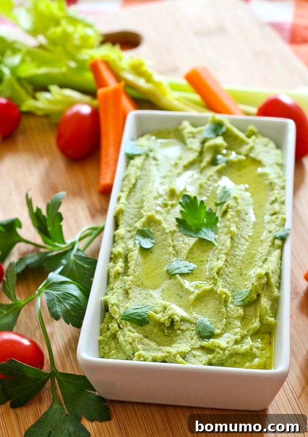 White rectangular serving dish with hummus, garnished with parsley leaves, surrounded by fresh veggies.