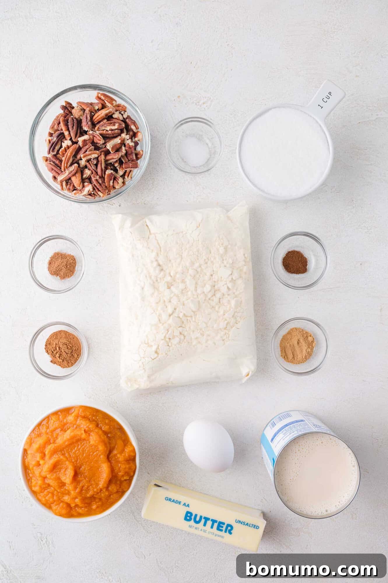 A vibrant display of fresh ingredients for a pumpkin dump cake, including a bowl of chopped pecans, a mound of granulated sugar, individual spice jars, a bag of flour, a can of pumpkin puree, an egg, a stick of butter, and a can of evaporated milk, all artfully arranged on a clean white surface.