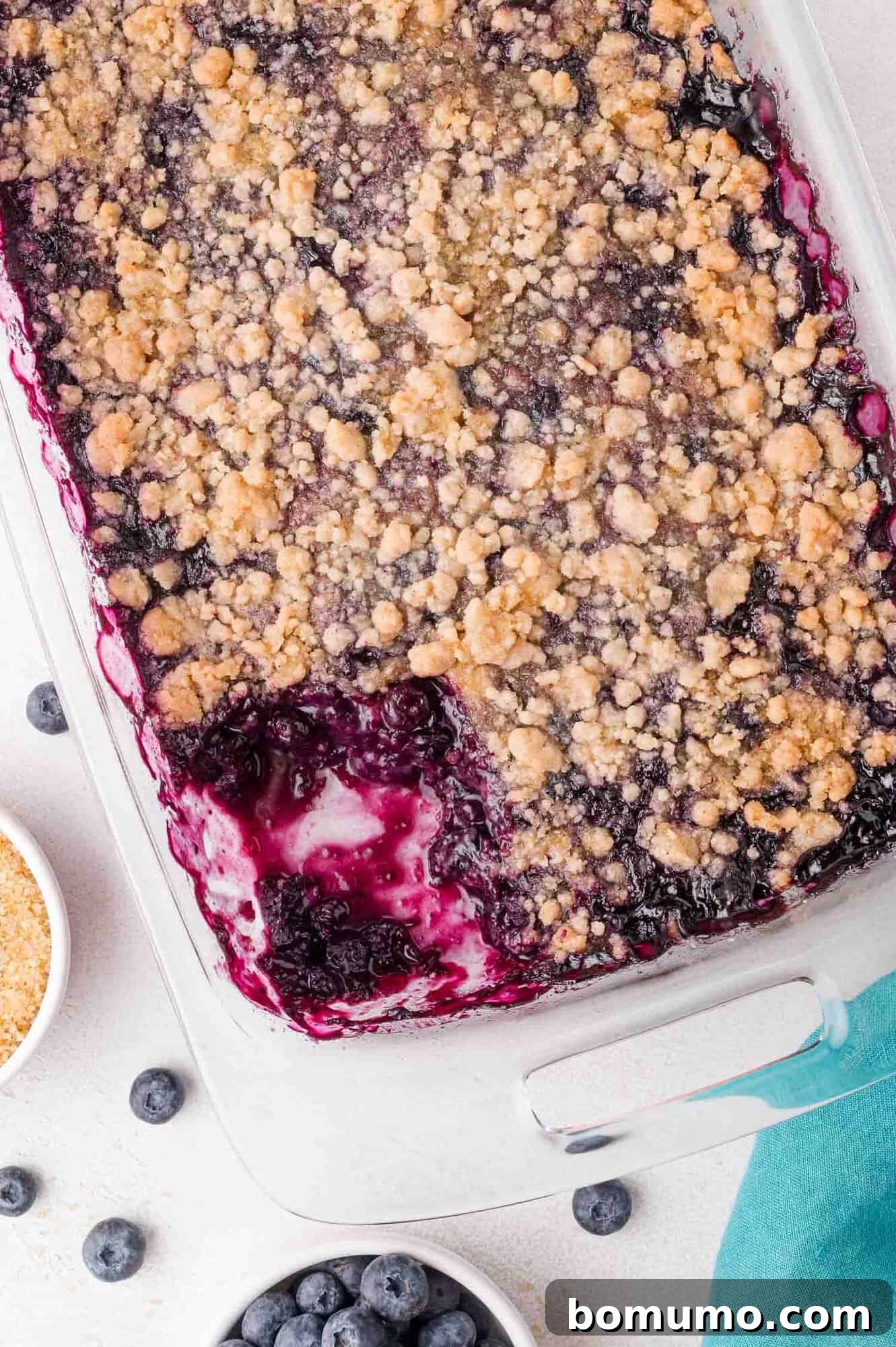 A baked blueberry crumble in a glass dish with a serving missing, surrounded by fresh blueberries and a bowl of brown sugar. This image beautifully captures the golden-brown crust and bubbling, jammy filling, ready to be enjoyed.