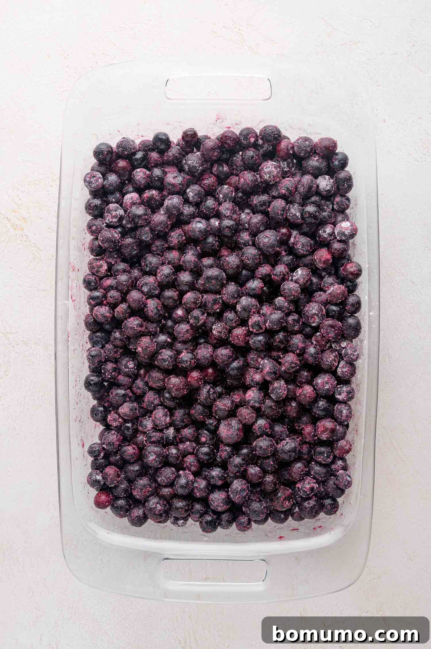 Glass baking dish filled with a layer of sugared blueberries on a light-colored surface. This image shows the blueberries uniformly coated with sugar and cornstarch, ready for the topping.