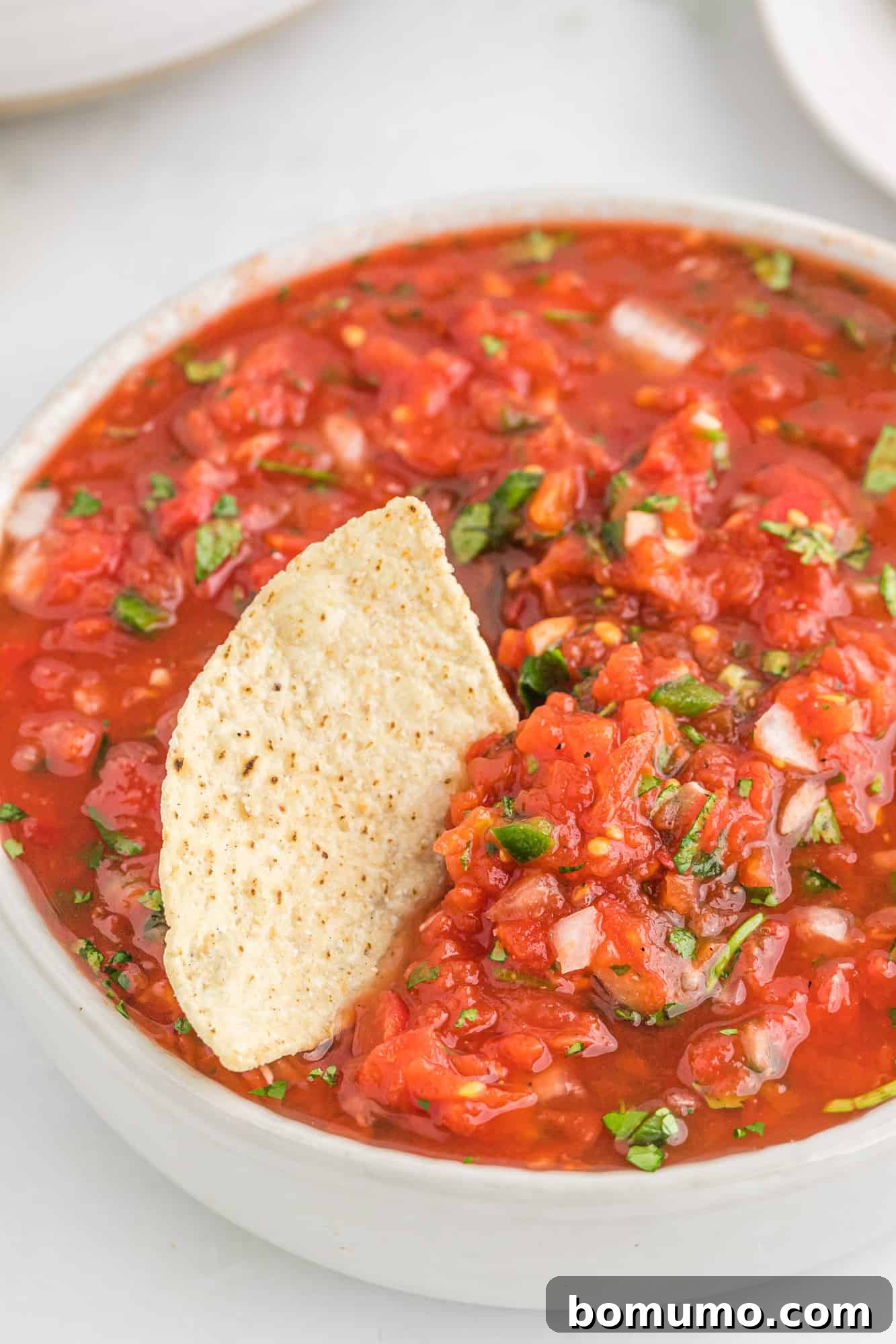 Large bowl of homemade restaurant style salsa with a single tortilla chip dipped in, ready to eat.