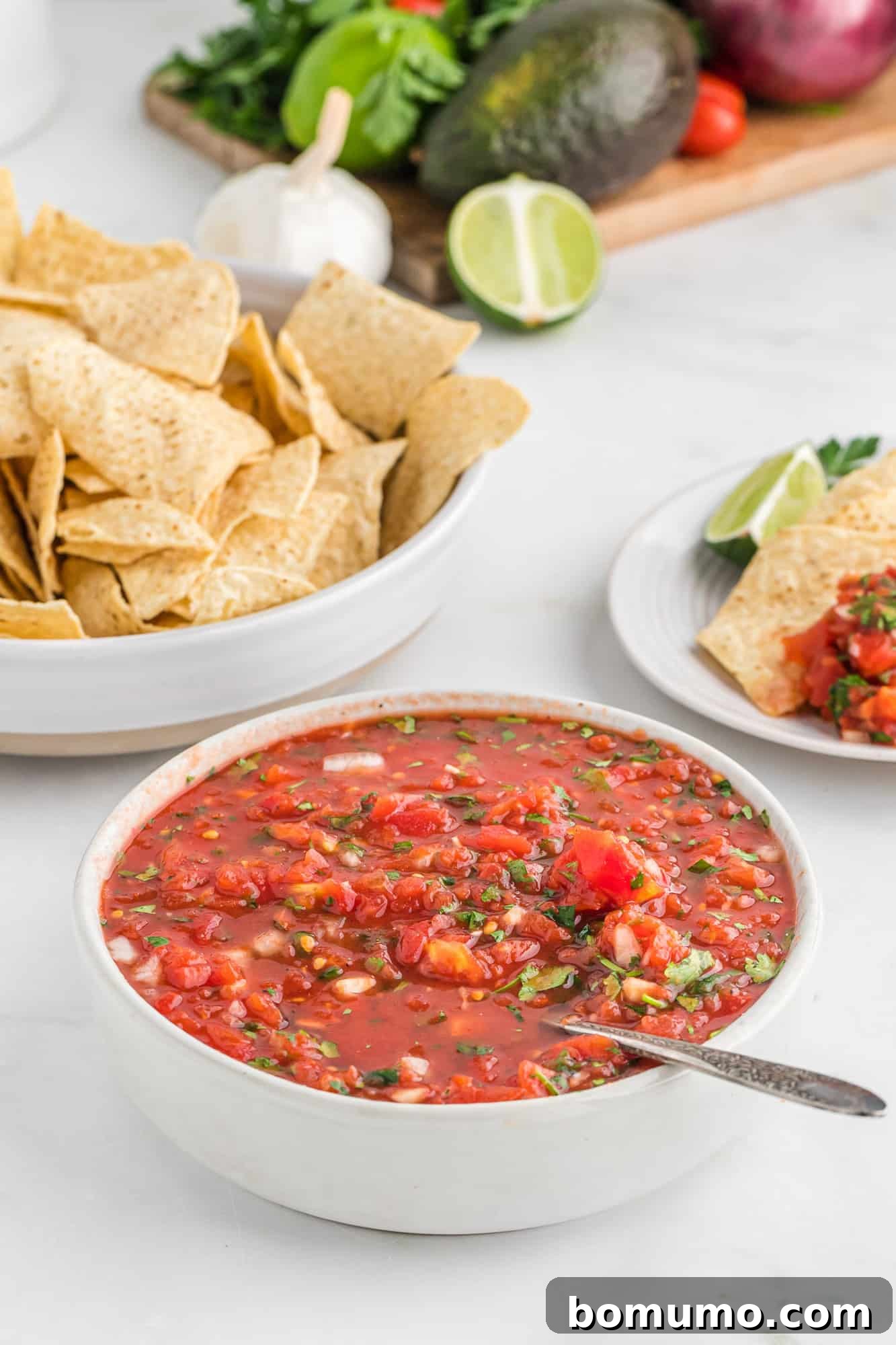 A bowl of vibrant restaurant style salsa, with a soft-focus background of tortilla chips.