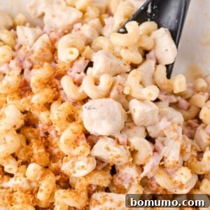 Close-up of creamy pasta with chunks of chicken, diced ham, breadcrumbs, and a black serving spoon.