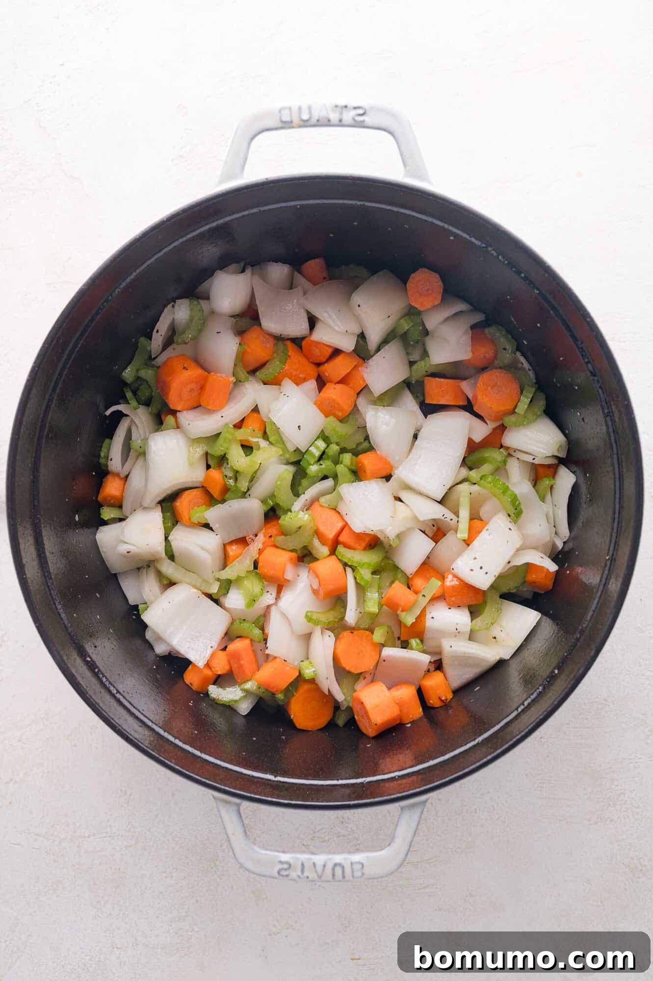 Tender Pork Ragout 12 Chopped onions, carrots, and celery are seasoned with salt and pepper in a black Dutch oven, ready for cooking and building layers of flavor.