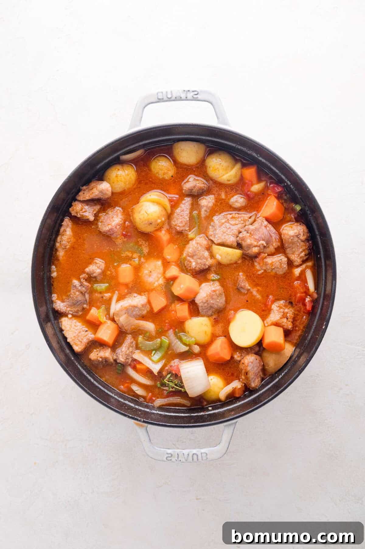 Tender Pork Ragout 16 A pot of savory stew with tender chunks of pork, potatoes, carrots, onions, and celery in a vibrant red broth, halfway through the simmering process.